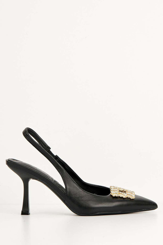 Reena Diamante Brooch Sling-back Court Shoes in Black Heels Miss Diva 