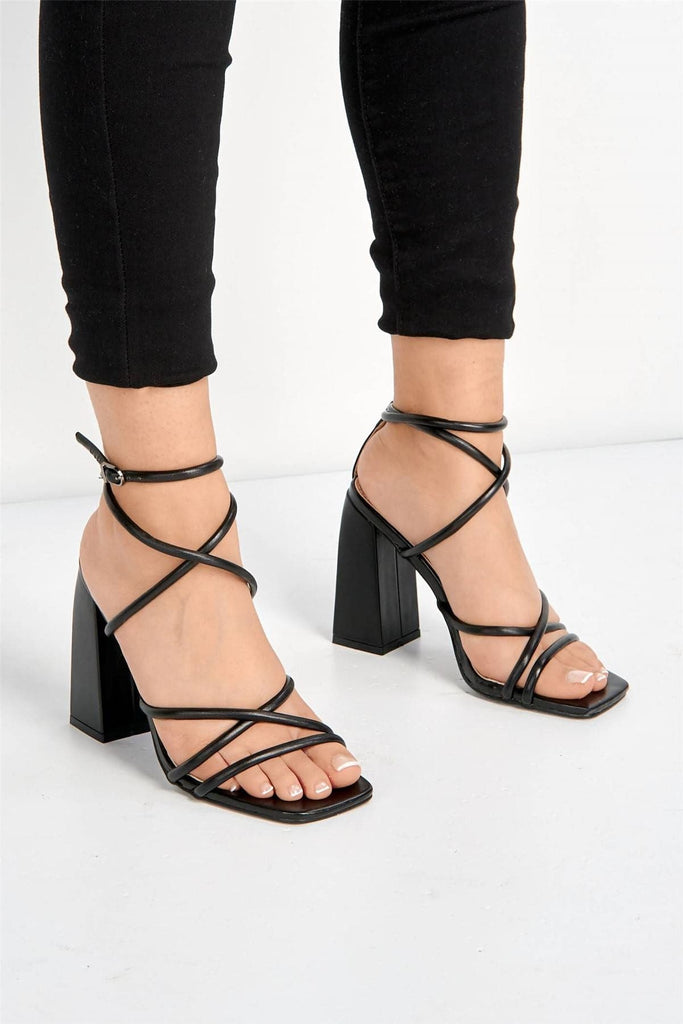 Chania Thick Strappy Block Heel Sandal in Black Heels Miss Diva 