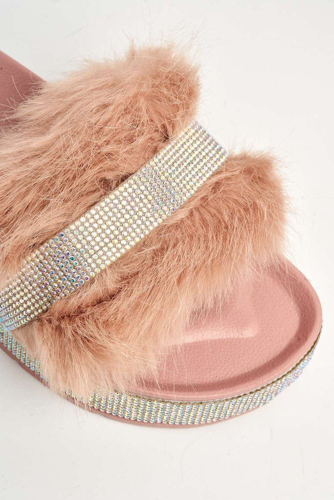 Lula Diamante Embellished Furry Band Rubber Sliders in Pink Flats Miss Diva 