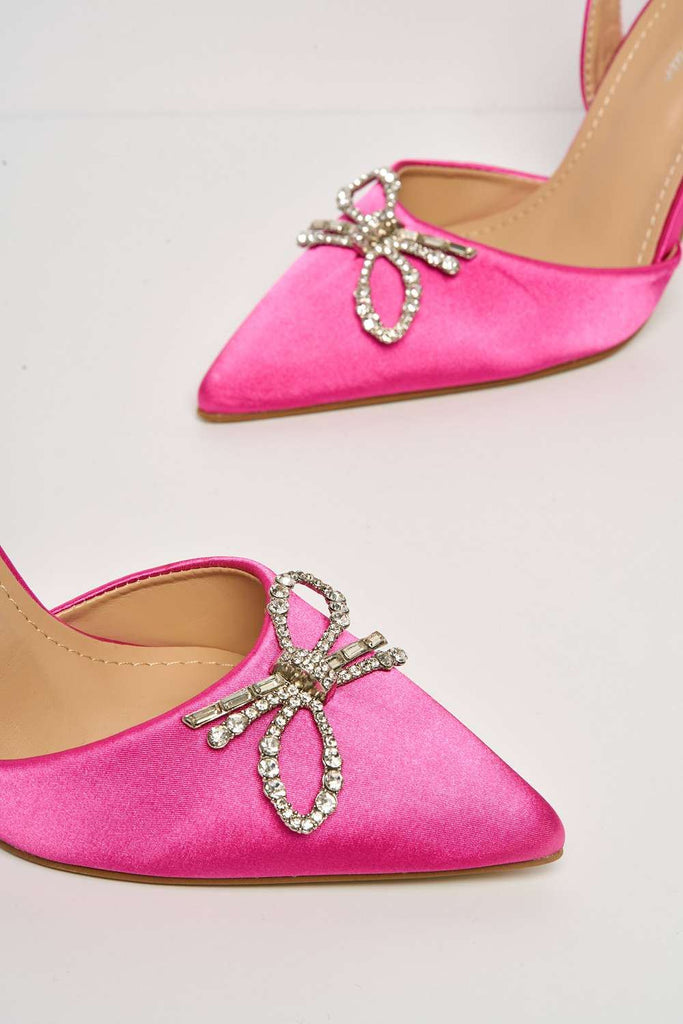 Leiria Diamante Bow Brooch Pointed Toe Spool Heel Court Shoe in Fuchsia Heels Miss Diva 