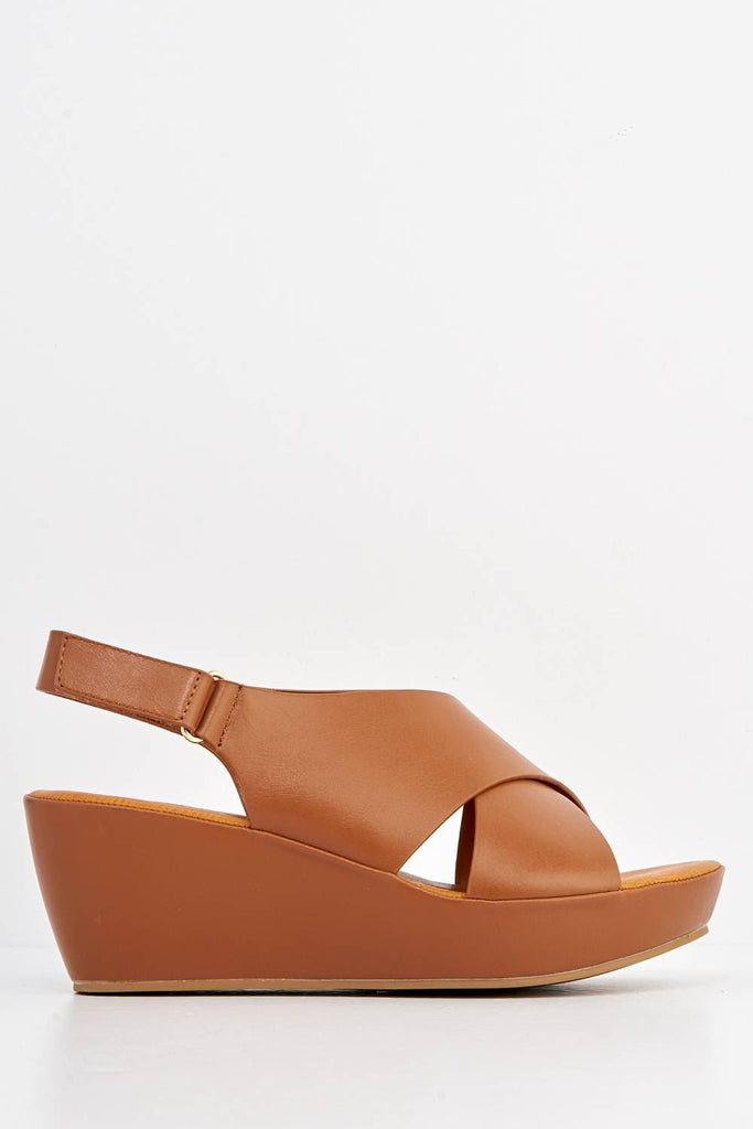 Klara Criss-Cross Straps Wedge Sandals in Tan Heels Miss Diva 