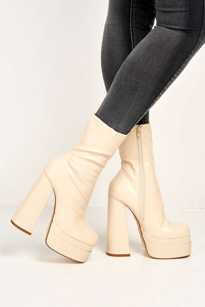 Yoola Chunky Block Heel Platform Heeled Ankle Boots in Beige Boots Miss Diva 