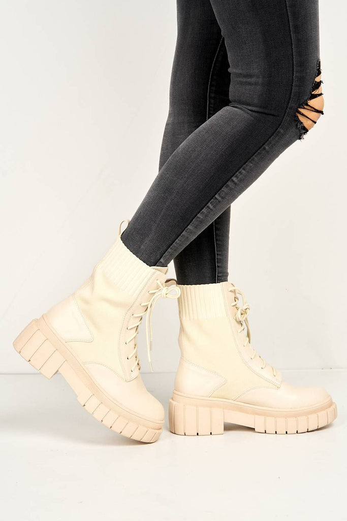 Carrie Chunky Lace-up Ankle Boots in Cream Boots Miss Diva 