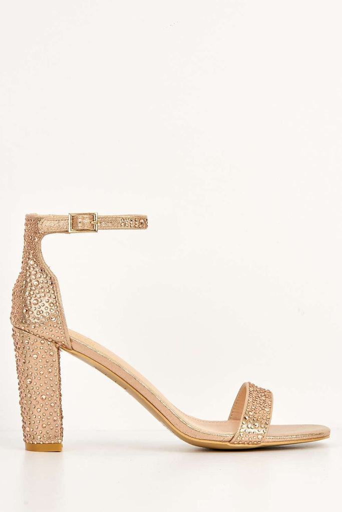 Santana Diamante Embellished Ankle Strap Block Heel Sandal in Champagne Heels Miss Diva 