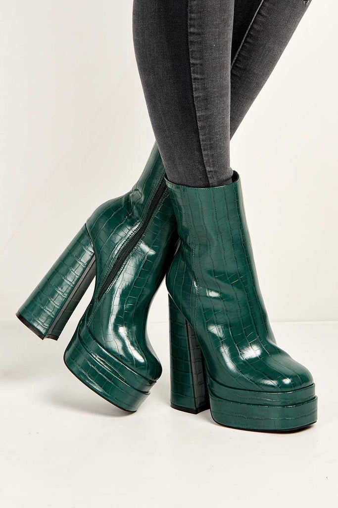 Yolanda Chunky Block Heel Platform Heeled Ankle Boots in Green Croc Boots Miss Diva 