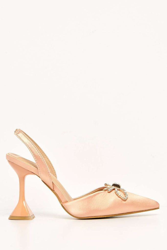 Leiria Diamante Bow Brooch Pointed Toe Spool Heel Court Shoe in Champagne Heels Miss Diva 