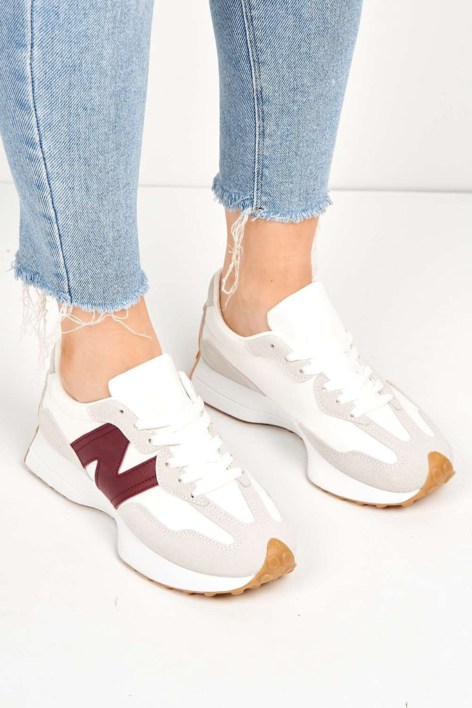 Flexi Two-Tone PU Detail Lace-up Trainers in White / Red Trainers Miss Diva 