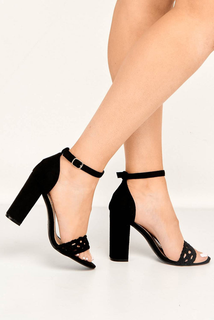 Loretta Plaited Band Ankle Strap Heeled Sandals in Black Suede Heels Miss Diva 
