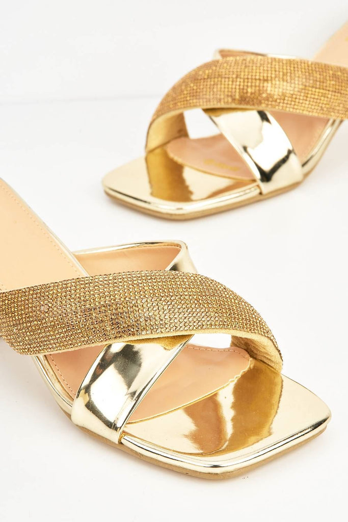 Vellen Diamante Embellished Criss-Cross Strap Mules in Gold Heels Miss Diva 