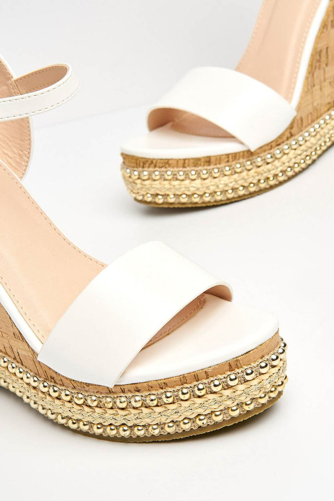 Sydney Flat Stud Sole Anklestrap Wedge in White PU Heels Miss Diva 