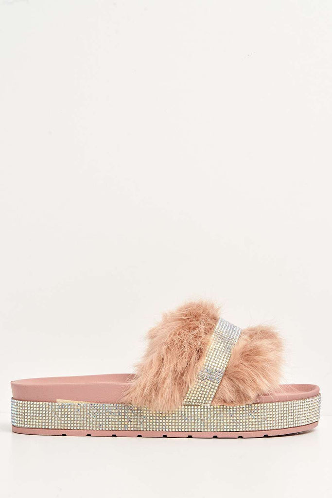 Lula Diamante Embellished Furry Band Rubber Sliders in Pink Flats Miss Diva 