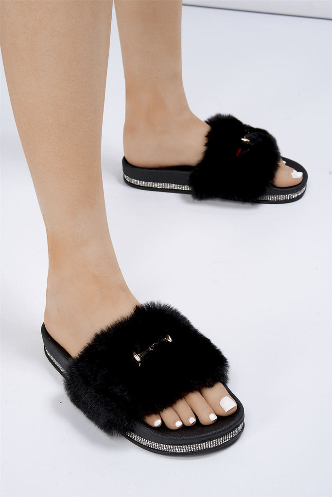 Mabel Furry Slider With Buckle in Black Flats Miss Diva 