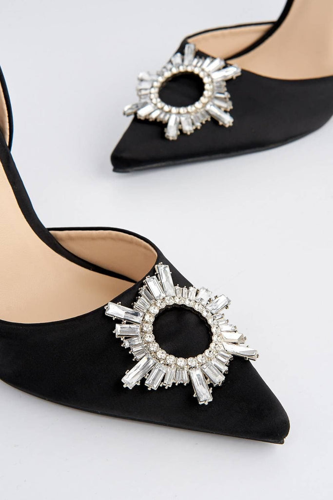 Girona Diamante Brooch Pointed Toe Spool Heel Court Shoe in Black Heels Miss Diva 