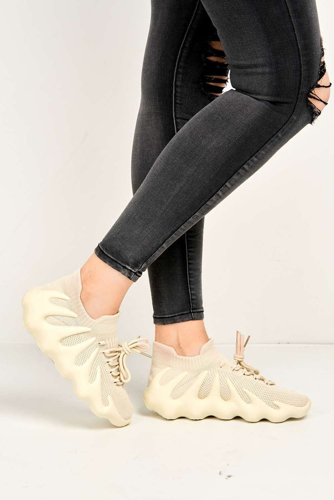 Desirae Structured Sole Lace-up Trainers in Bone Trainers Miss Diva 
