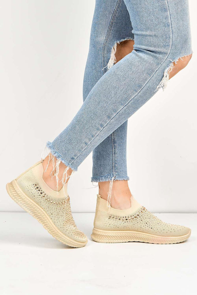 Stilla Diamante Embellished Slip-on Trainer in Beige Trainers Miss Diva 