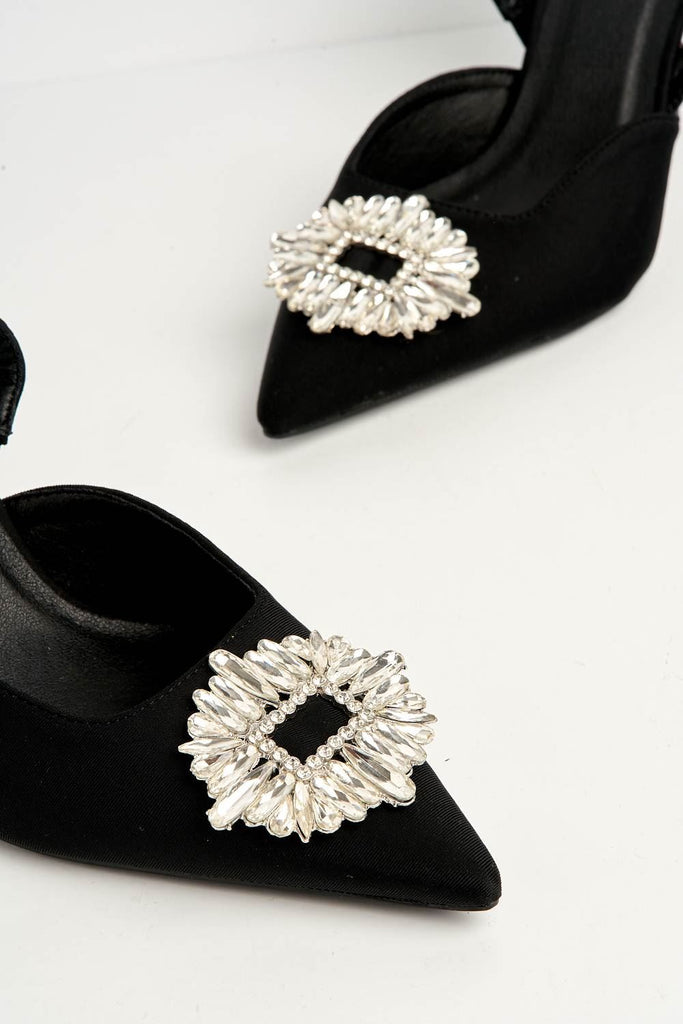 Amira Diamante Brooch Sling Back Court Shoes in Black Satin Heels Miss Diva 