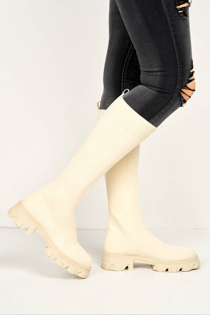 Teega Knee High Knit Fabric Boots with Chunky Sole in Beige Boots Miss Diva 