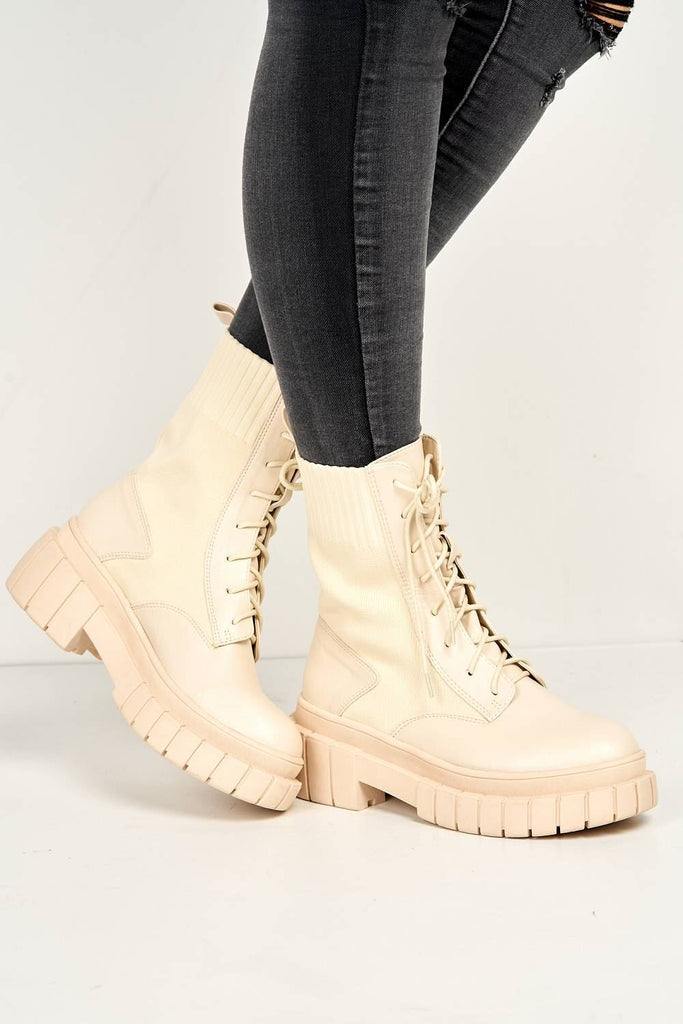 Carrie Chunky Lace-up Ankle Boots in Cream Boots Miss Diva 