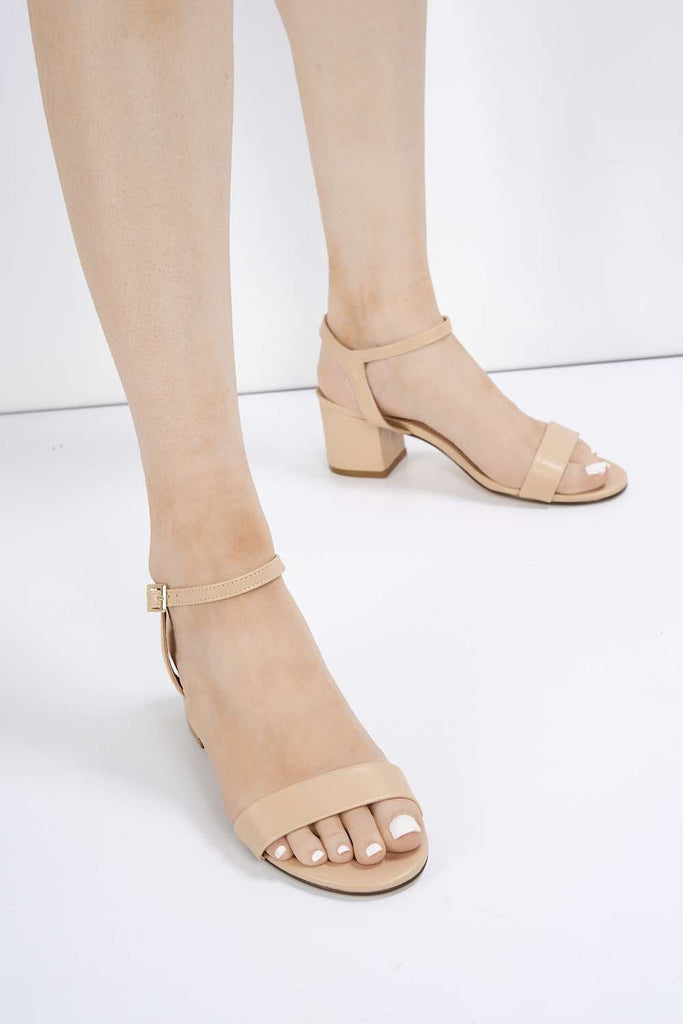 Flori Thick Anklestrap & Band Heeled Sandal in Nude PU Heels Miss Diva 