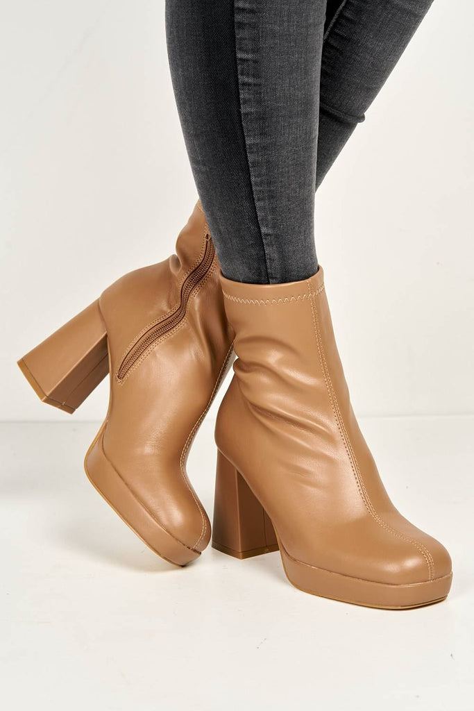 Katherine Platform Block Heel Ankle Boots in Camel Boots Miss Diva 