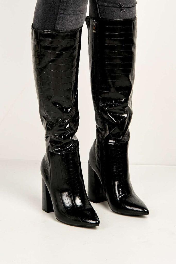 Simran Pointed Toe Knee High Boots with Zip in Black Croc Boots Miss Diva 