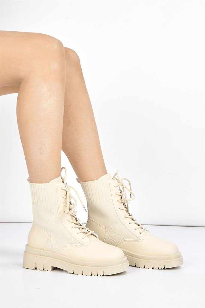Shoreditch Chunky Lace-up Ankle Boot in Beige Boots Miss Diva 