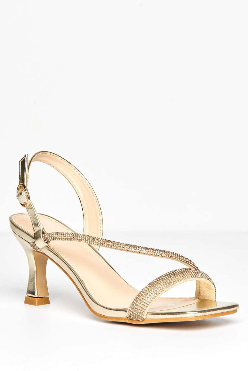 Lorenza Diamante Embellished Square Toe Heeled Sandals in Gold – Miss Diva