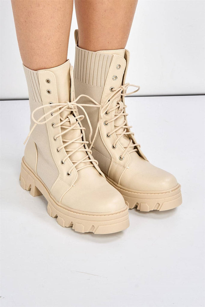Milan Chunky Lace-up Boot in Beige Boots Miss Diva 