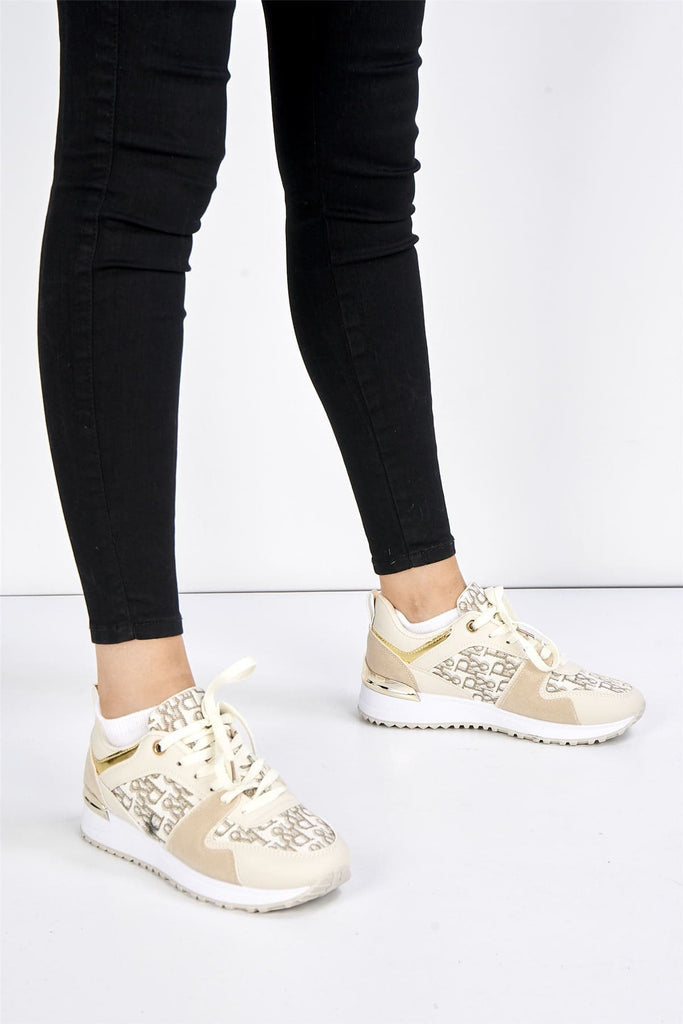 Mi Amor D-Logo Lace Up Trainer in Beige Trainers Miss Diva 