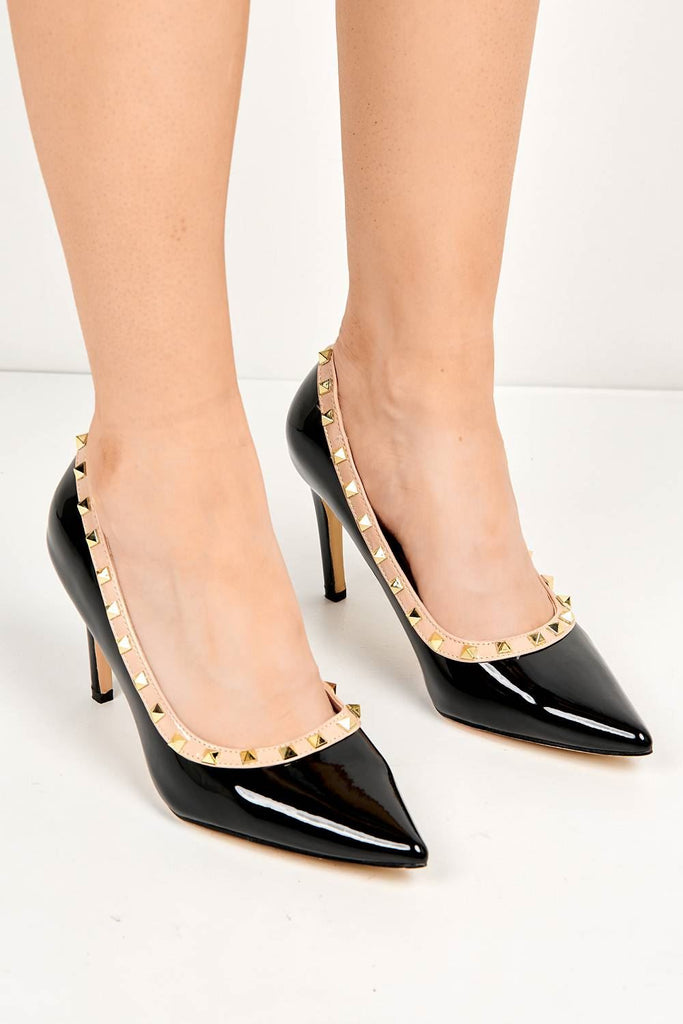 Zafira Gold Studded Court Shoes in Black Patent Heels Miss Diva 