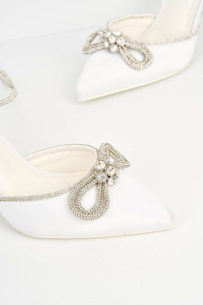 Natalie Pointed Toe Diamante Bow & Strap Court Shoe Heel in Ivory Heels Miss Diva 