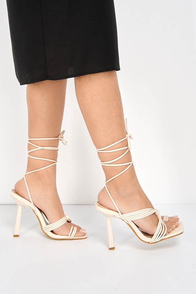 Evora Toe Ring Lace-up Strappy Sandal in Nude Heels Miss Diva 