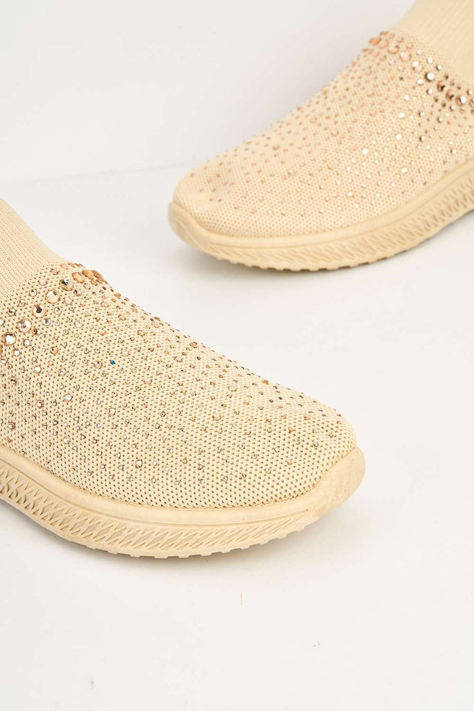 Stilla Diamante Embellished Slip-on Trainer in Beige Trainers Miss Diva 