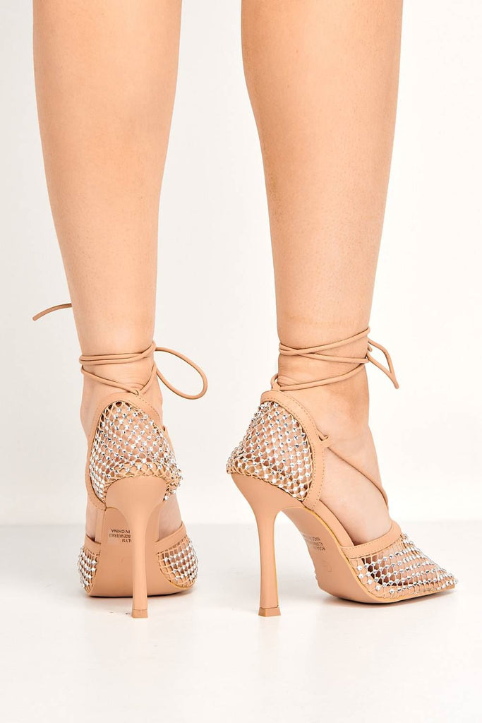 Rosalyn Mesh & Gemstone Detail Lace-up Heel in Tan Heels Miss Diva 