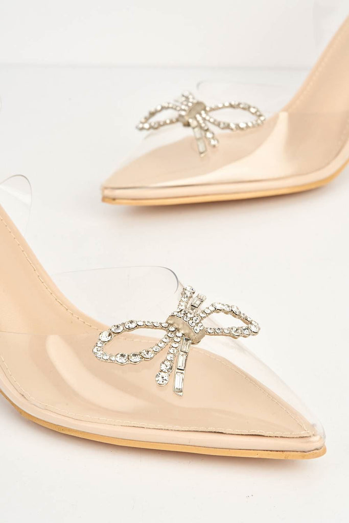 Cristallo Diamante Bow Perspex Court Shoes in Nude Heels Miss Diva 