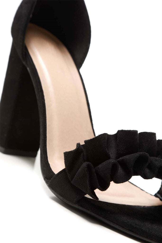 Ally Frill Detailed Anklestrap Sandal in Black Suede Heels Miss Diva 