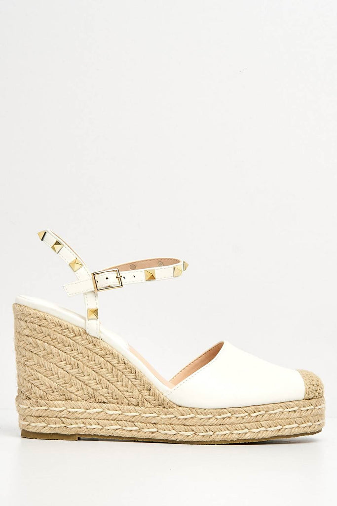 Alala Round Toe Studded Anklestrap Espadrille Wedge in White Heels Miss Diva 