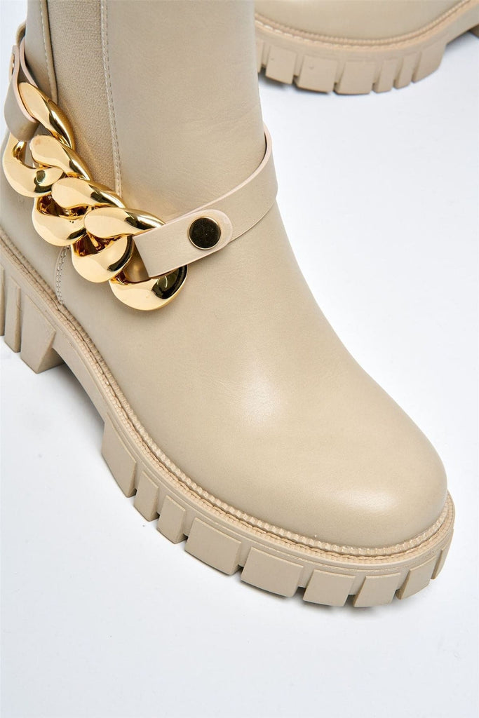 Annee Chain Detail Chunky Ankle Boots in Beige Boots Miss Diva 