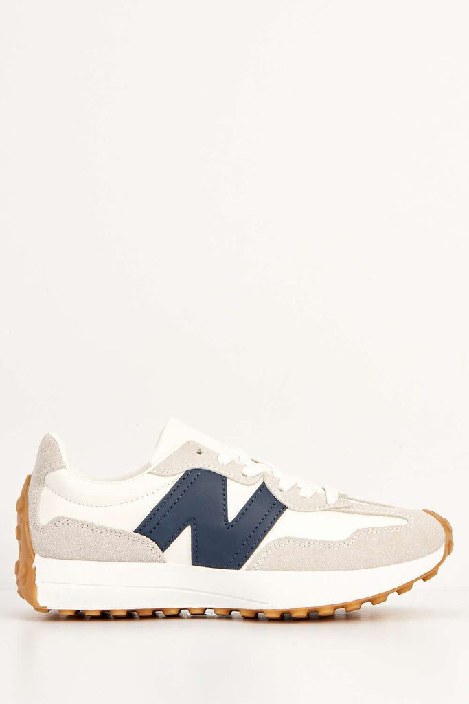 Flexi Two-Tone PU Detail Lace-up Trainers in White / Navy Trainers Miss Diva 