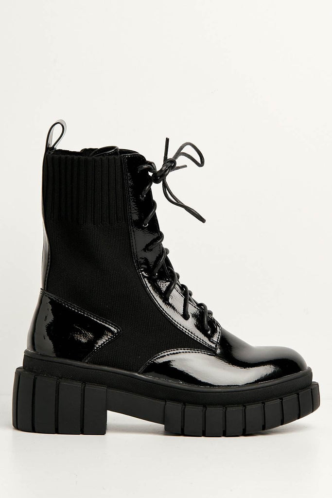 Carrie Chunky Lace-up Ankle Boots in Black Patent Boots Miss Diva 