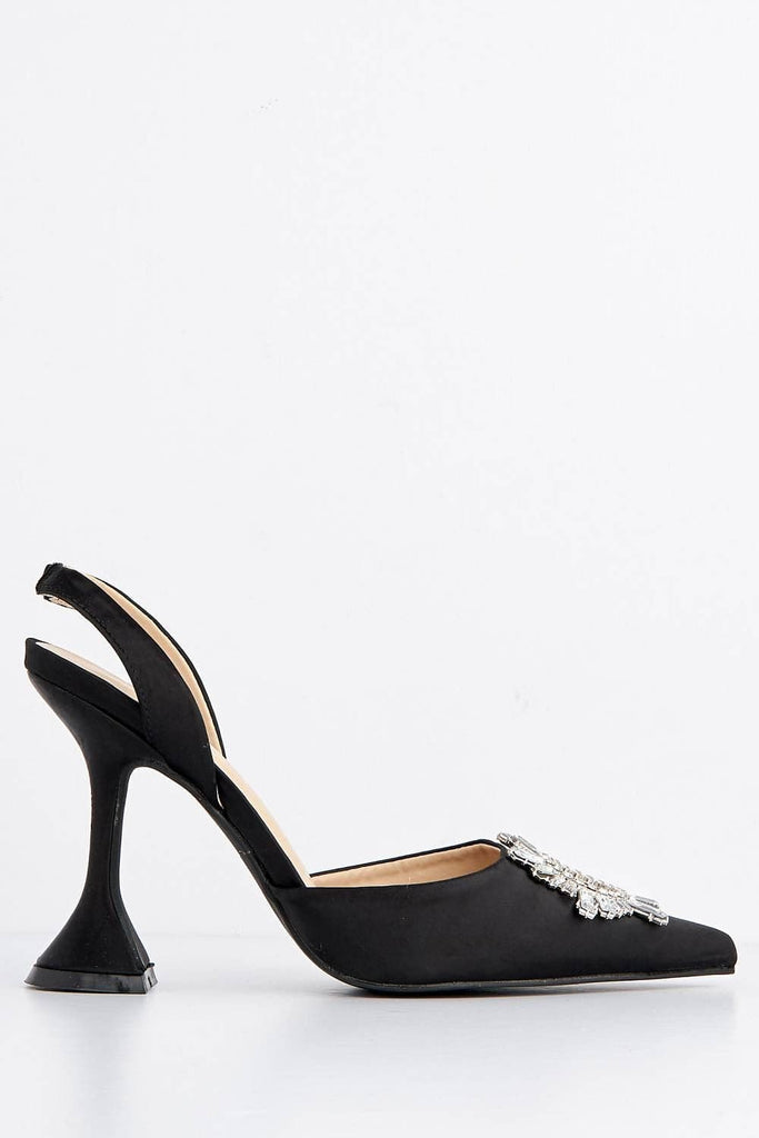 Girona Diamante Brooch Pointed Toe Spool Heel Court Shoe in Black Heels Miss Diva 