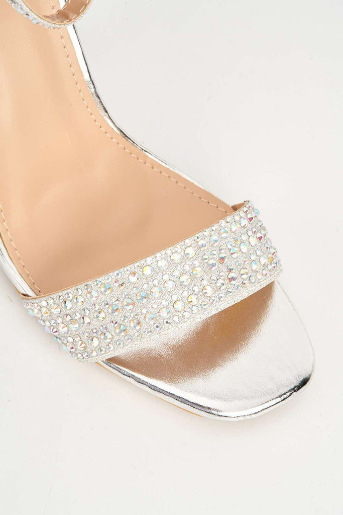 Rowena Diamante Embellished Ankle Strap Block Heel Sandals in Silver Heels Miss Diva 