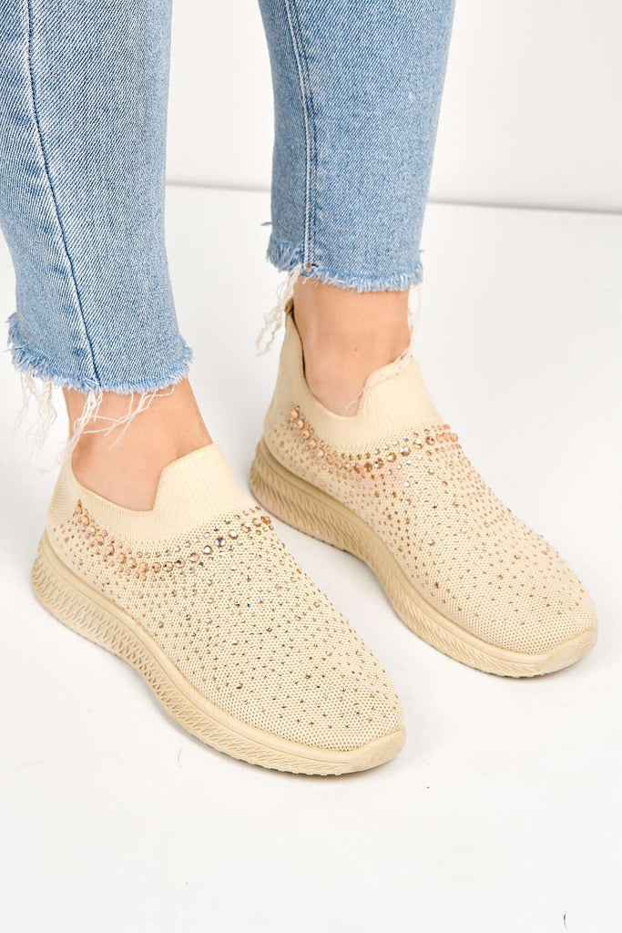 Stilla Diamante Embellished Slip-on Trainer in Beige Trainers Miss Diva 