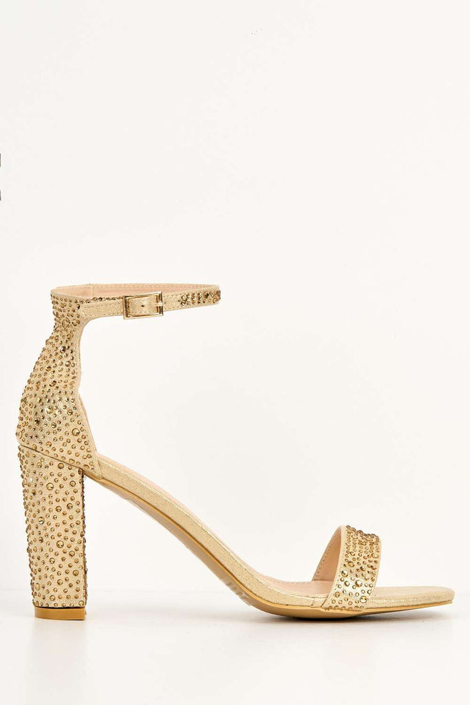 Santana Diamante Embellished Ankle Strap Block Heel Sandal in Gold Heels Miss Diva 
