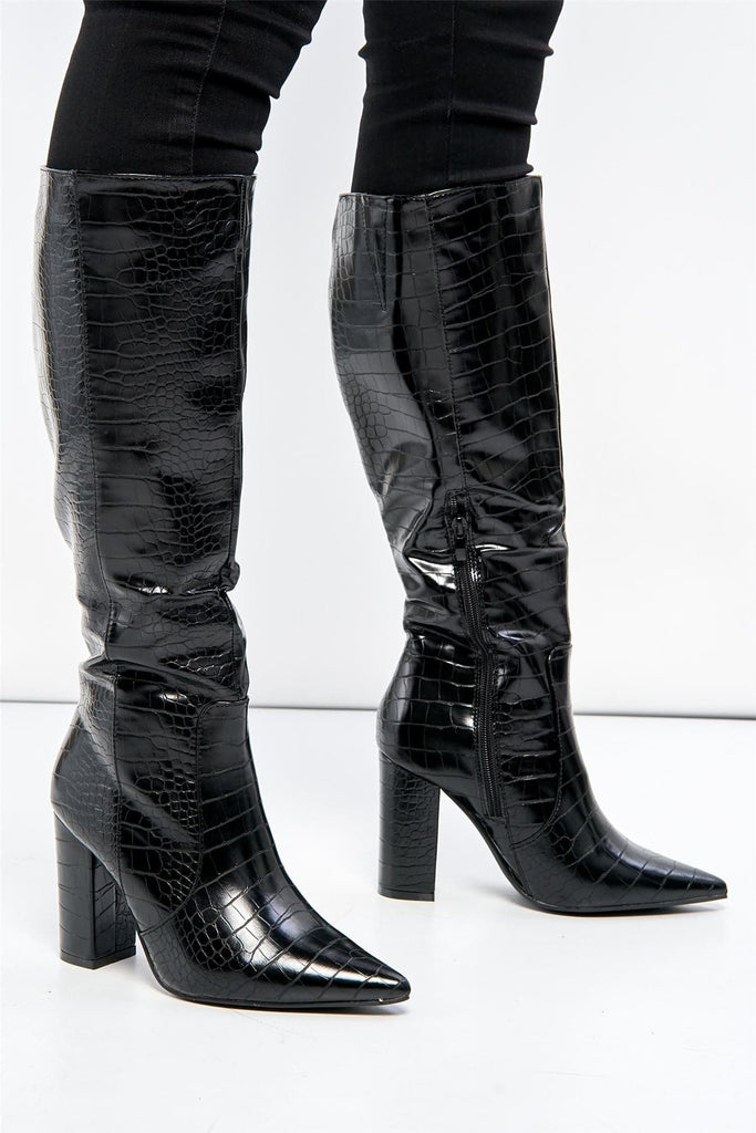 Darya Pointed Toe Knee High Boot with Zip in Black Croc Boots Miss Diva Black Croc 3 