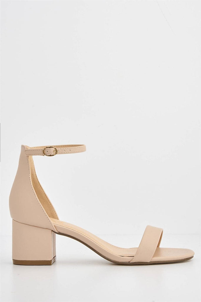 Karley Barely There Ankle Strap Block Heel Sandal in Nude PU Heels Miss Diva 