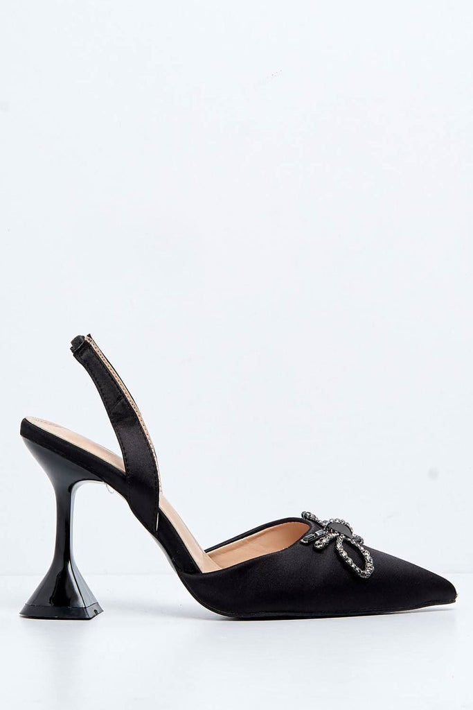 Leiria Diamante Bow Brooch Pointed Toe Spool Heel Court Shoe in Black Heels Miss Diva 