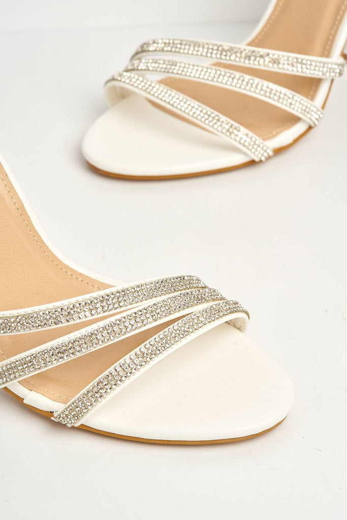 Theda Block Heel Diamante Embellished Ankle Strap Sandals in White PU Heels Miss Diva 