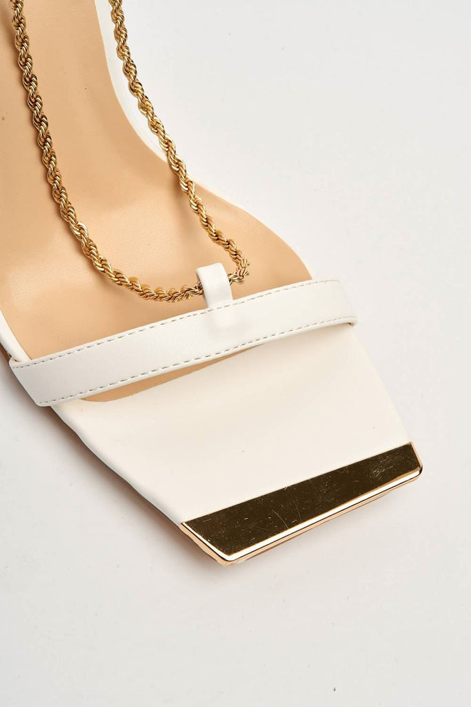Becca Gold Chain Detail & Trim Anklestrap Sandal in White Heels Miss Diva 
