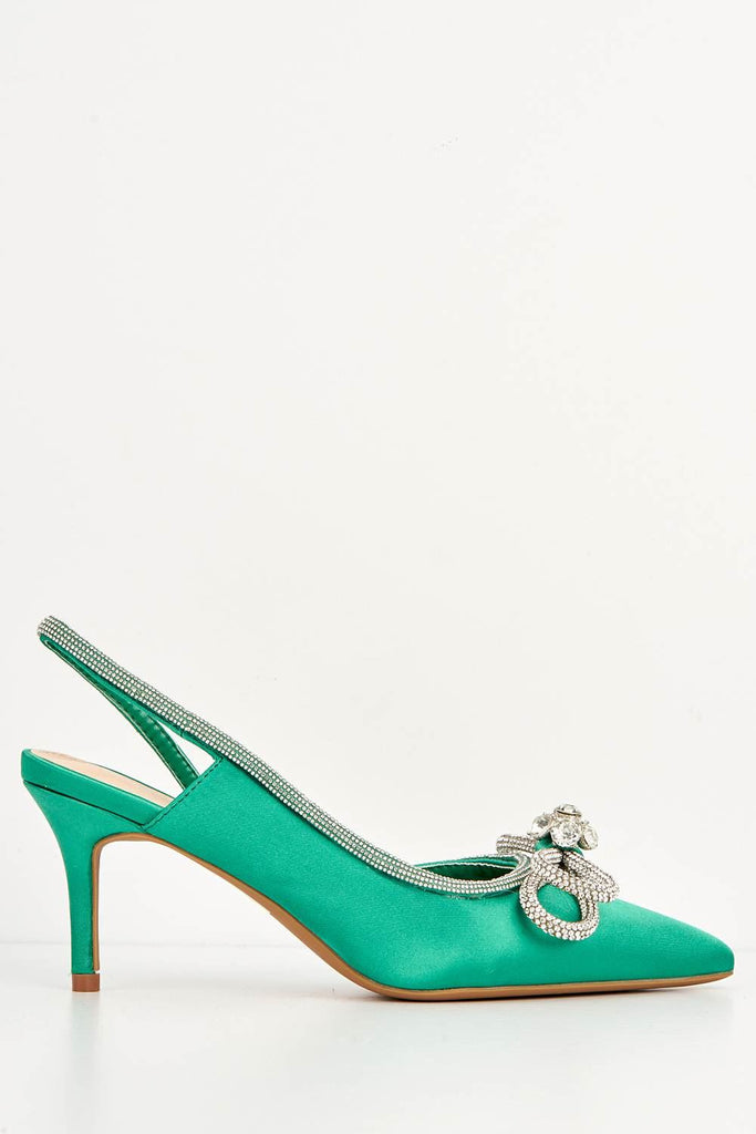 Fleur Diamante Embellished Bow Detail Court Shoes in Green Heels Miss Diva 